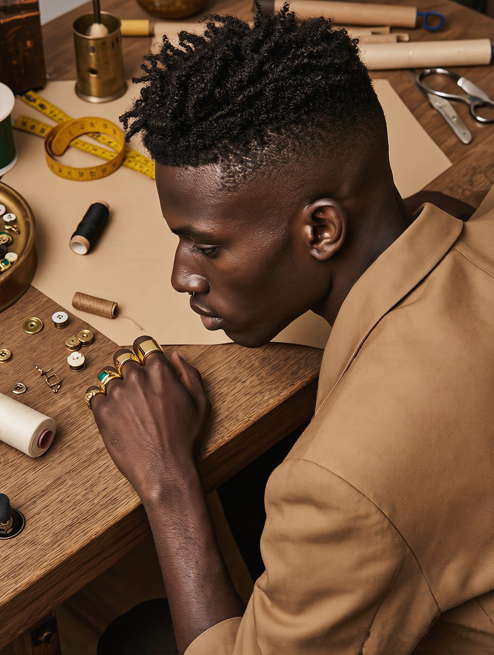Julian Voss leaning over a tailor's bench with thread spools, a tape measure and loose buttons